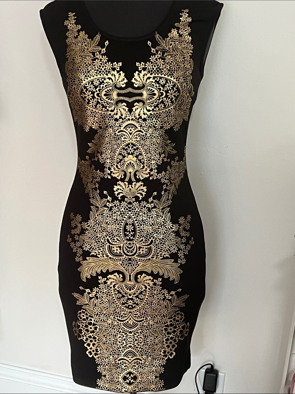 WOW couture Black Dress with Gold Filigree Midi